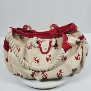 Vintage Sailor Canvas Bucket Bag Handbag Purse Red Tan 9x10x7 Inch